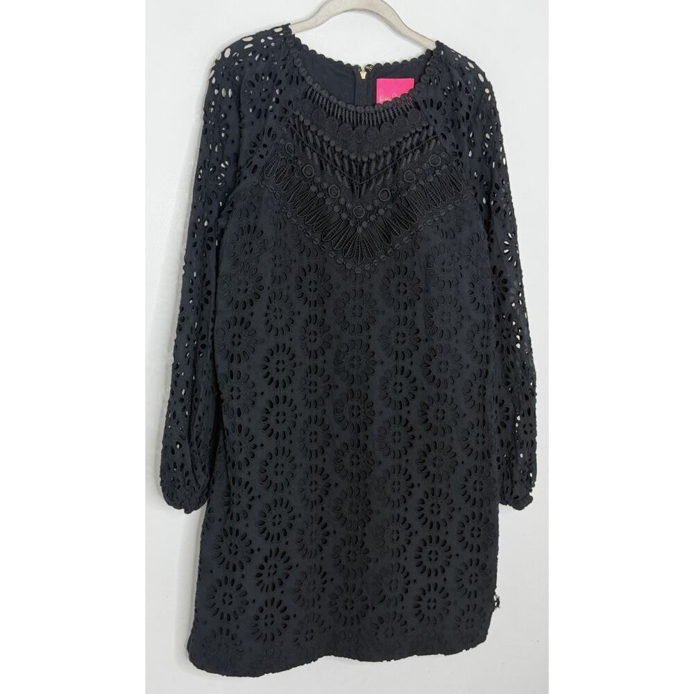 Lily Pulitzer Priscilla Short Dress Womens 14 Black boho Eyelet Long Puff Sleeve - Picture 3 of 11
